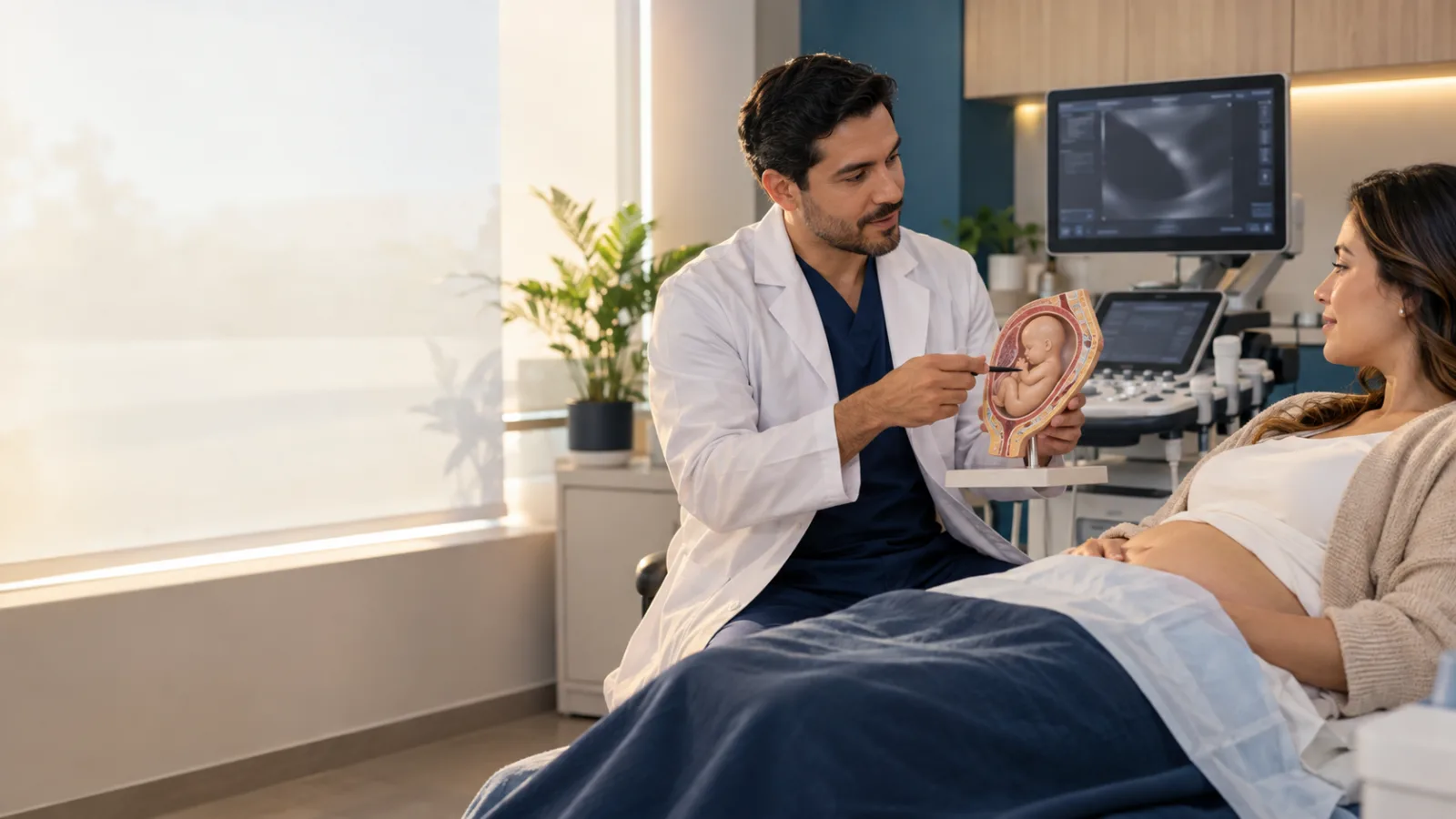 Médico explica la revisión anatómica fetal antes de un ultrasonido estructural