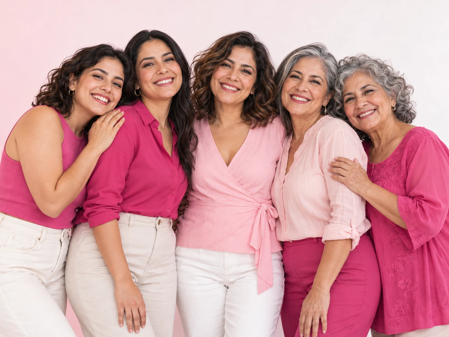 Grupo de mujeres mexicanas de distintas edades sonriendo durante Octubre Rosa